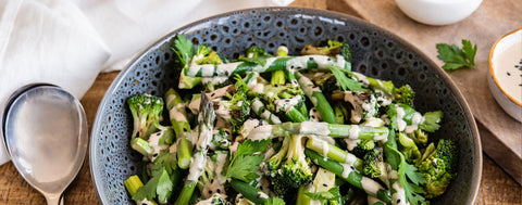 Asparagus, broccoli and bean salad with tahini dressing