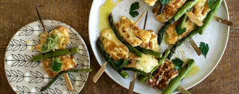Grilled halloumi and asparagus skewers