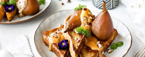 Coconut french toast with pear and date caramel
